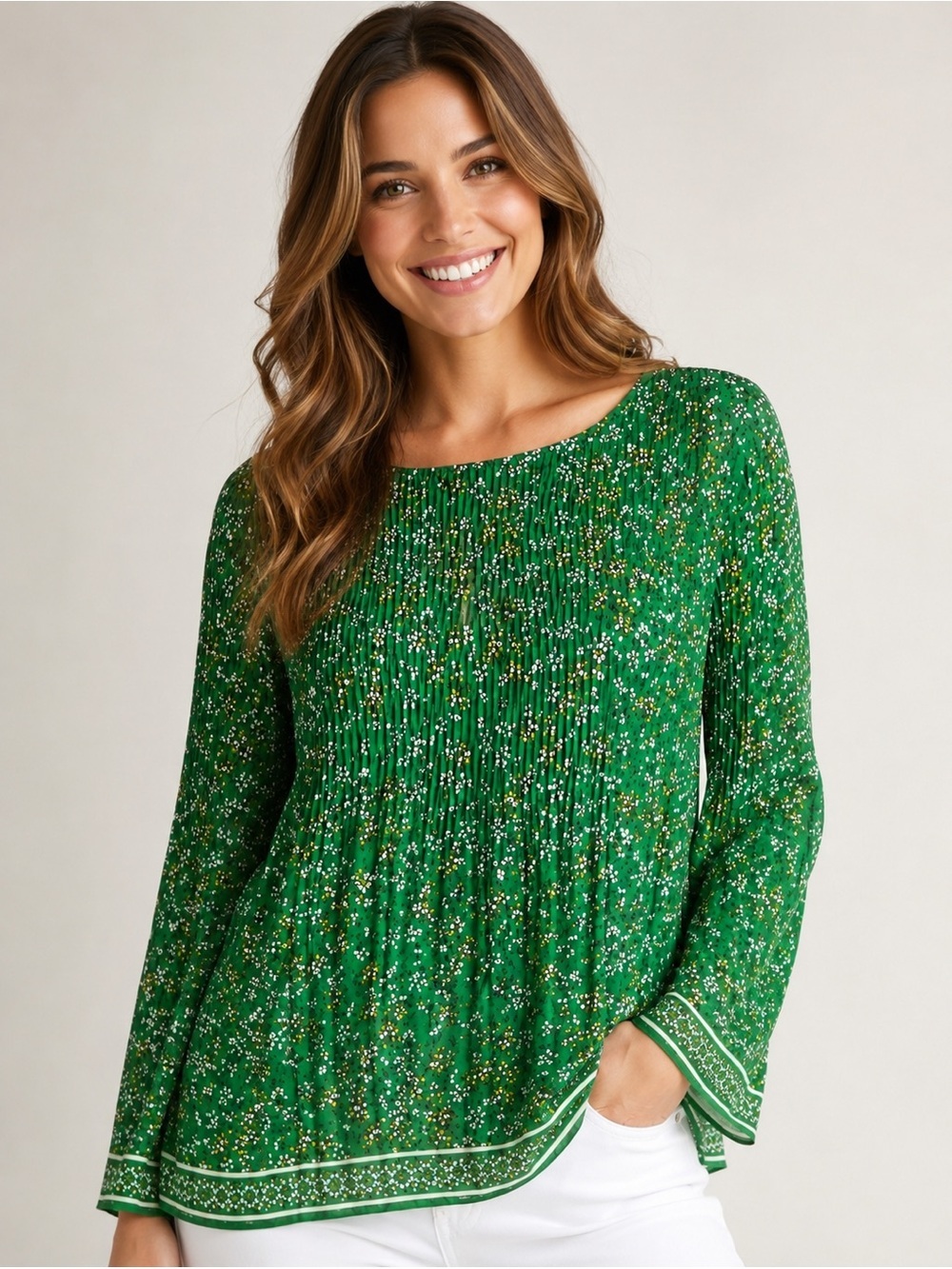 Max Studio Pleated Blouse Green Floral sz Medium